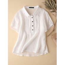 Solid Patchwork Button Lapel Short Sleeve Casual Blouse