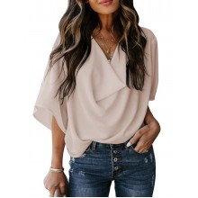 V- Neck Lady Tops Loose Comfortable Soft Women T Shirts HF2615-04-01