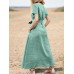Solid Pocket Sash Short Sleeve Cotton Casual Maxi Dress