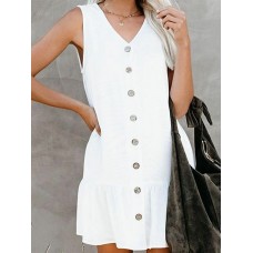 Cotton Solid Button Ruffle Sleeveless V Neck Casual Dress