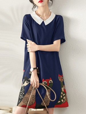 Cartoon Cat Print Contrast Peter Pan Collar Short Sleeve Dress