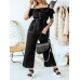 Solid Color Button Pocket Drawstring Off  shoulder Ruffle Casual Jumpsuit
