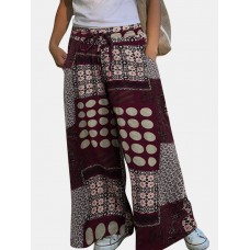 Printed Patchwork Wide  Legged Side Pockets Elastic Pants For Women