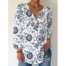 Print Button Long Sleeve Casual Blouse