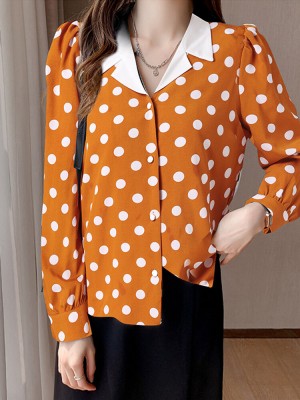 Polka Dot Contrast Color Lapel Button Long Sleeve Casual Shirt