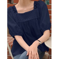 Solid Lace Patchwork Square Collar Short Sleeve Casual Cotton Blouse