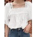 Solid Lace Patchwork Square Collar Short Sleeve Casual Cotton Blouse