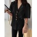 Solid Button Tie  Up Lapel Short Sleeve Casual Cotton Blouse