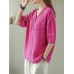 Solid Button Pocket V Neck Half Sleeve Casual Cotton Blouse