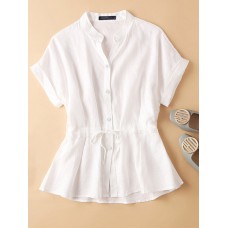 Solid Button Drawstring V Neck Roll Sleeve Casual Cotton Blouse
