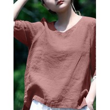 Solid Half Sleeve Crew Neck Casual Women Blouse