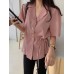 Solid Button Tie  Up Lapel Short Sleeve Casual Cotton Blouse