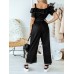 Solid Color Button Pocket Drawstring Off  shoulder Ruffle Casual Jumpsuit