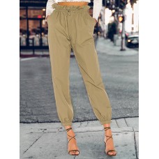 Solid Color Drawstring High Waist Elastic Casual Pants With Pockets