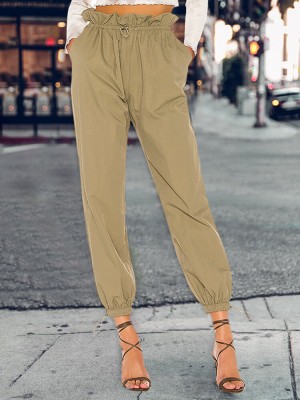 Solid Color Drawstring High Waist Elastic Casual Pants With Pockets